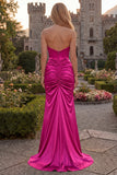 Burgundy Mermaid Strapless Long Satin Prom Dress with Slit