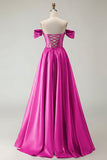Off The Shoulder A Line Beaded Satin Purple Long Prom Dress with Slit