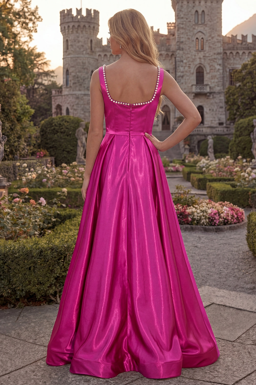 ZAPAKA Women Burgundy Prom Dress with Slit A Line Square Neck Satin Long Party Dress with Pearls, Fuchsia / US6 ZAPAKA Women Burgundy Prom Dress with Slit A Line Square Neck Satin Long Party Dress with Pearls, Fuchsia / US6