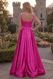 Burgundy A Line Square Neck Side Slit Long Prom Dress with Pearls