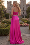 Burgundy One Shoulder A Line Beaded Satin Long Prom Dress with Slit