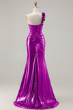 Metallic Burgundy One Shoulder Mermaid Side Slit Long Prom Dress with 3D Flowers