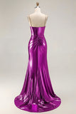 Metallic Golden Beaded Mermaid Corset Long Prom Dress With Slit