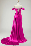 Golden Mermaid Off the Shoulder Beaded Pleated Satin Long Prom Dress with Slit