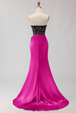 Strapless Mermaid Black Green Appliqued Lace Long Prom Dress with Slit