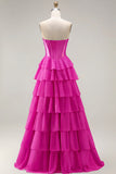 Pink Strapless A-Line Tiered Corset Sequin Long Prom Dress with Slit