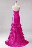 Red Mermaid Sweetheart Beaded Corset Ruffled Long Prom Dress with Slit