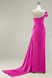 Green One Shoulder Ruched Sheath Long Prom Dress with Slit