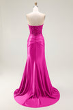 Strapless Beaded Mermaid Red Long Prom Dress with Slit
