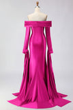 Dark Green Off The Shoulder Ruched Satin Mermaid Long Prom Dress with Long Sleeves