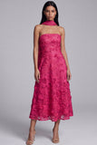 Serene Sky Powder Blue 3D Floral Appliqué Strapless Midi Dress with Chiffon Scarf