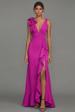 Dark Green Sheath V-Neck Ruffled Ruched Long Formal Dress with Slit