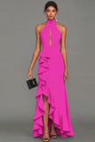 Black Sheath Halter Neck Ruffled Cut Out Long Formal Dress with Slit