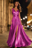 Metallic V-Neck A-Line Gold Long Formal Dress With Slit