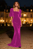 Navy Mermaid Square Neck Puff Sleeves Velvet Long Formal Dress