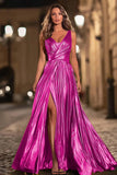 Green A-Line Metallic V-Neck Pleated Formal Dress With Slit