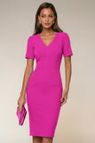 Black Bodycon V-Neck Midi Work Dress with Short Sleeves
