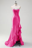 Pink Strapless Corset Mermaid Plus Size Long Prom Dress with Ruffle Slit