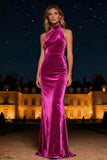 Purple Velvet Halter Sheath Long Formal Dress