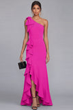 One Shoulder Black Sheath Ruffled Long Formal Dress with Slit
