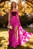 Khaki Sweetheart Tiered Ruffled A-Line Chiffon Maxi Dress with Slit