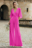 Simple Ivory V-Neck Wedding Jumpsuit with Pocket