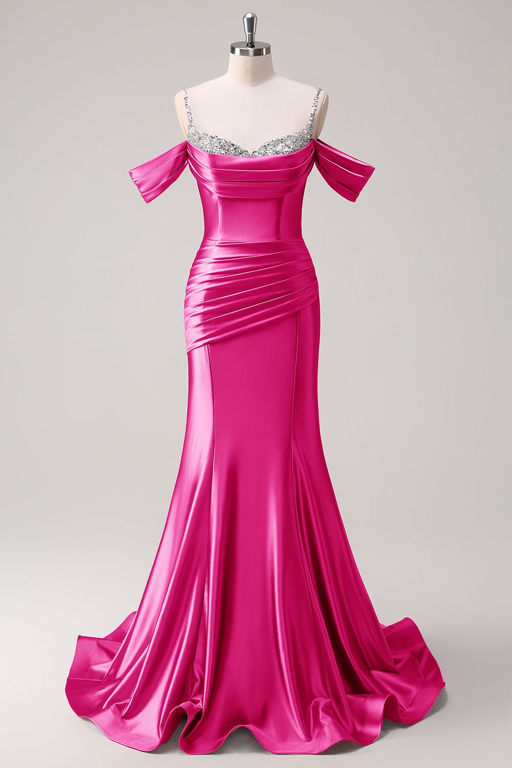 Zapaka Women Glitter Blush Long Prom Dress with Beading Mermaid Cold Shoulder Ruched Evening Party Dress, Fuchsia / US6 Zapaka Women Glitter Blush Long Prom Dress with Beading Mermaid Cold Shoulder Ruched Evening Party Dress, Fuchsia / US6