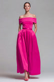 Off the Shoulder Fuchsia and Red A Line Color Block Midi Formal Dress