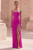 Light Pink Strapless Sheath Ruched Long Prom Dress with Slit