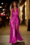 Red Halter Metallic Ruched Formal Dress Wth Slit
