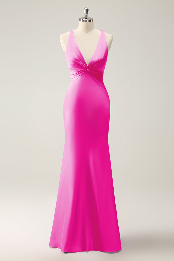 Elegant Strapless Hot Pink Satin Sequin Slit Mermaid Evening Dress Long Wedding Guest Dress