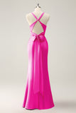 Pink Mermaid V Neck Satin Long Bridesmaid Dress