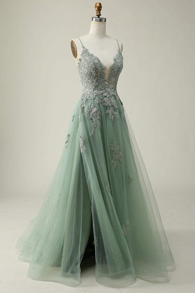 Criss-Cross Open Back Gown with Spaghetti Strap Olive Green