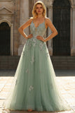 A Line Spaghetti Straps Green Long Prom Dress with Criss Cross Back