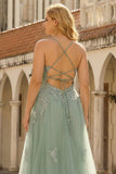 Green A Line Spaghetti Straps Long Plus Size Prom Dress with Criss Cross Back