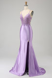 Stylish Mermaid Spaghetti Straps Lilac Long Prom Dress with Appliques Slit