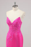 Fuchsia Mermaid Strapless Long Beaded Prom Dress With Appliques