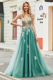 Green A-Line Spaghetti Straps Long Prom Dress With Sparkly Sequin Appliques