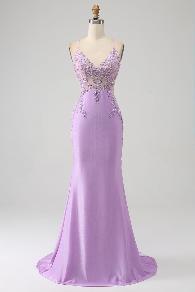 ZAPAKA Women Lilac Prom Dress Mermaid V Neck Open Back Beaded Evening ...