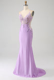 Trendy Mermaid Spaghetti Straps Lilac Long Prom Dress with Appliques Beading