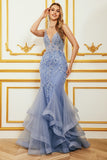 Mermaid Spaghetti Strap Beaded Backless Grey Blue Prom Dress With Appliques