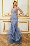 Mermaid Spaghetti Strap Beaded Backless Grey Blue Prom Dress With Appliques