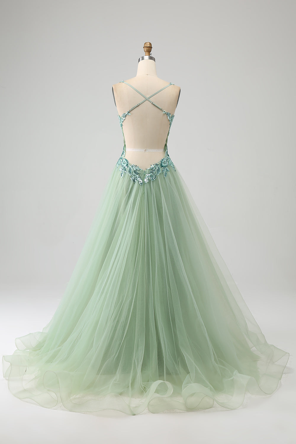 ZAPAKA Women Light Green Prom Dress A-Line V Neck Split Tulle Party Dress with Appliqued Beading