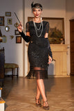 Jewel Neck Black Red Beaded Gatsby Fringed Flapper Dress