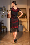 Jewel Neck Black Red Beaded Gatsby Fringed Flapper Dress