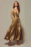 Fuchsia A-Line Metallic Pleated V-Neck Formal Dress