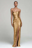 Sparkly Silver Strapless Sheath Holiday Party Dress With Slit