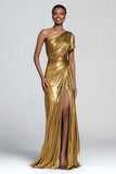 Brown Metallic Sheath One Shoulder Long Formal Dress