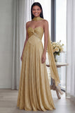 Sky Blue Strapless A Line Pleated Long Formal Dress with Ribbon