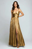 Sliver A Line Metallic Pleated Formal Dress With Slit